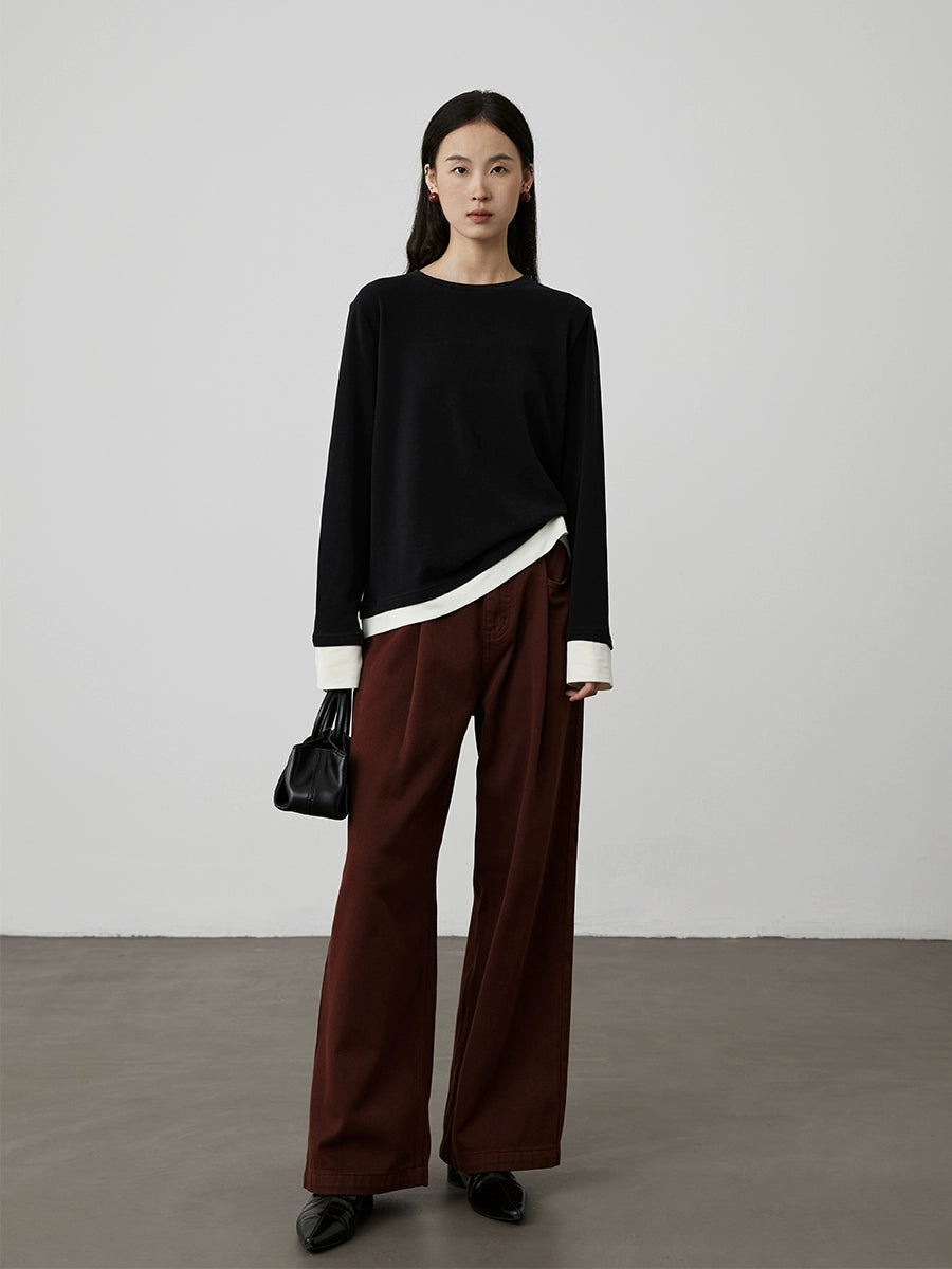 [Street Slack] CAREMIND retro dark red high-waisted jeans autumn new straight drape thin pants