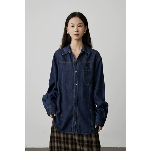 [Tencel Denim] CAREMIND Classic Hong Kong Style Retro Dark Blue Denim Shirt Loose Cardigan Jacket Women