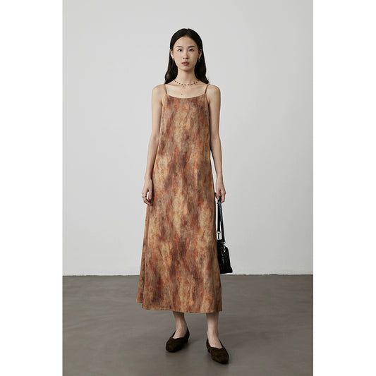 [Sunset] CAREMIND artistic sense smudging suspender dress beyond the piece lazy stacking temperament long skirt