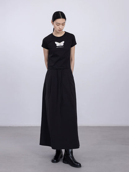 CAREMIND Falda plisada pequeña con cordón de cintura alta de color sólido para mujer, diseño de abertura, estilo simple, falda fina de palabra A, mediana y larga 