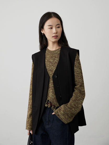 [Chaleco de caballero] Chaleco de traje de dos piezas falso sin cuello negro CAREMIND de alta gama apilado con una chaqueta de chaleco pequeña 