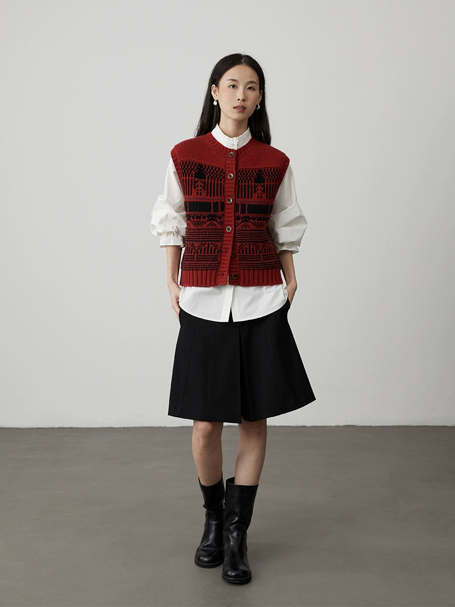 [Utopia] CAREMIND retro simple crochet vest vest button contrasting color sleeveless vest sweater autumn