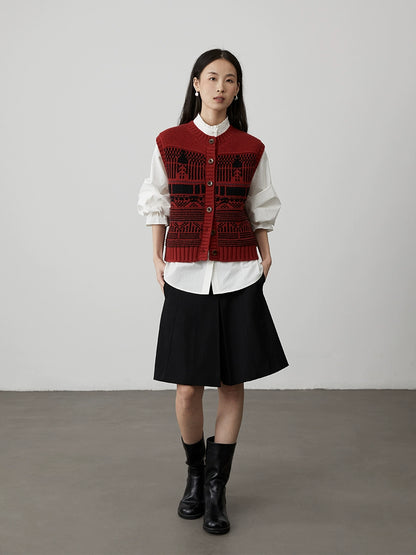 [Utopia] CAREMIND retro simple crochet vest vest button contrasting color sleeveless vest sweater autumn
