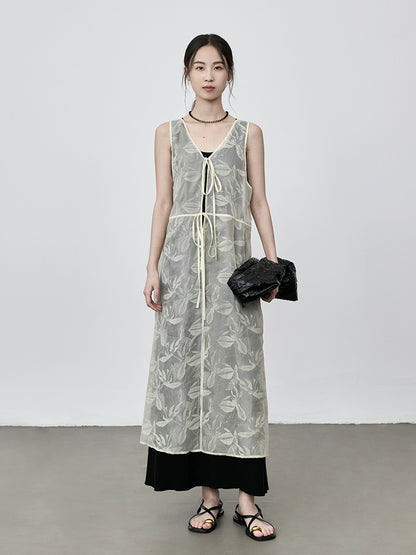 CAREMIND Vestido tipo chaleco sin mangas con relieve fino, blusa exterior holgada con tirantes apilados para mujer 