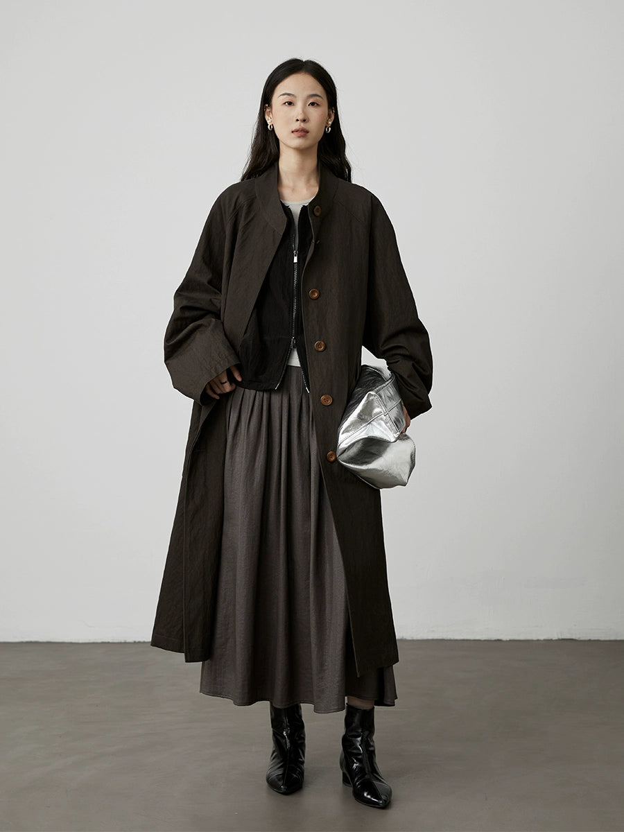 [Urban Shepherd Tour] CAREMIND Chic Denim Green Collarless Windbreaker Jacket Medium and Long Temperament Coat