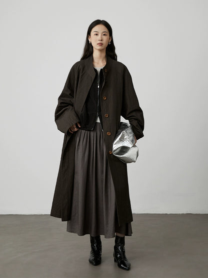 [Urban Shepherd Tour] CAREMIND Chic Denim Green Collarless Windbreaker Jacket Medium and Long Temperament Coat