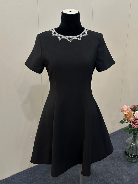 8023★  25 Summer French high-end neckline handmade sequin design high waist thin short-sleeved dress women