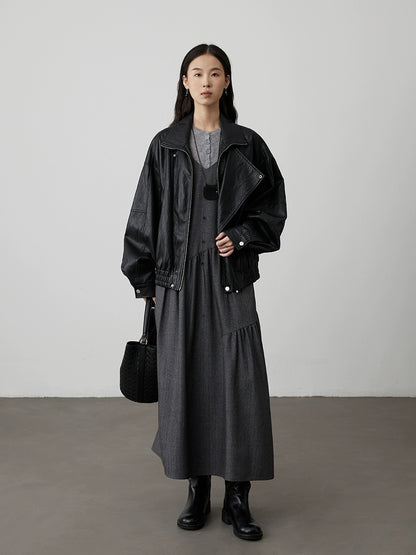 [Chaqueta de cuero Harley] Chaqueta de cuero de alambre negro estilo Hong Kong CAREMIND Chaqueta de cuero de motocicleta de calle Kusa 