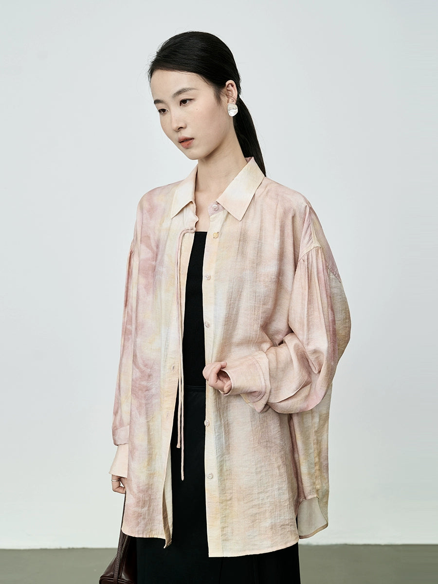 CAREMIND Nouvelle chemise à boutons fumés pêche chinoise Design d'été Tache d'encre Chemise à manches longues fine et climatisée