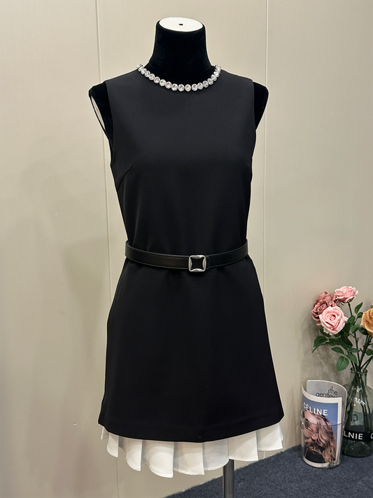 8020★ Thousand blond hair small black dress neckline fixed diamond fake two-piece splicing pleated skirt French high-end dress