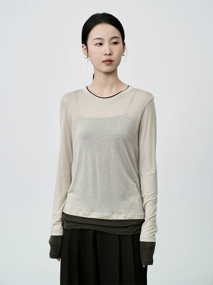 Camiseta de manga larga de lujo ligera Lenzing Tencel de CAREMIND, agradable para la piel, cuello redondo, versátil, color a juego, top de moda 