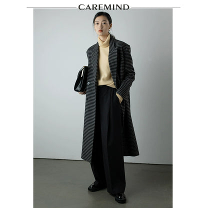 CAREMIND [El sueño de Fausto] Abrigo de lana a cuadros original para mujer, nuevo abrigo largo de otoño e invierno 