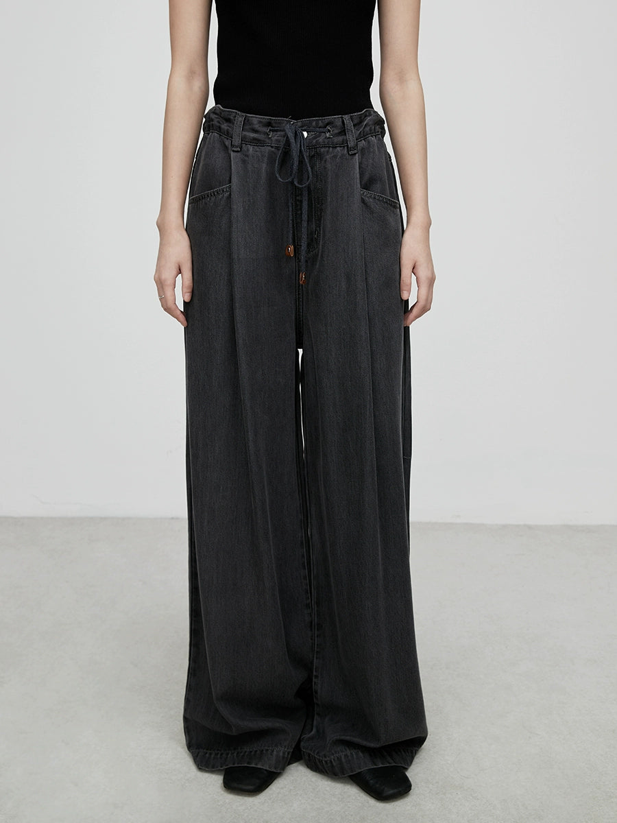 [Vaqueros claros] Pantalones vaqueros rectos de tencel cómodos y azules de CAREMIND, pantalones anchos y altos con fruncido 