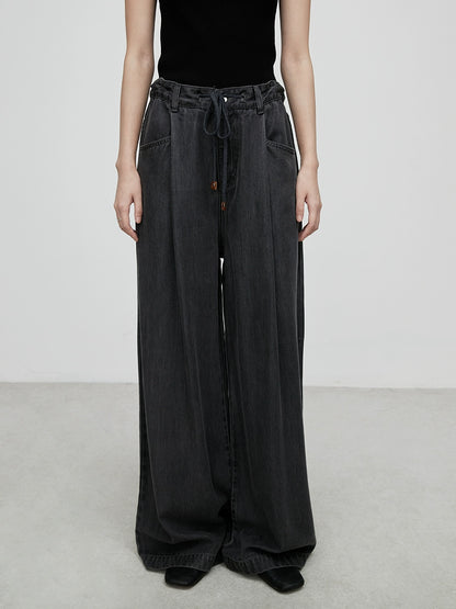 [Vaqueros claros] Pantalones vaqueros rectos de tencel cómodos y azules de CAREMIND, pantalones anchos y altos con fruncido 