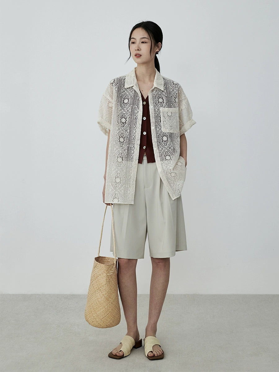 Pantalones anchos de pierna de traje de albaricoque CAREMIND, pantalones de cinco puntos, pantalones cortos casuales de cintura alta y pierna ancha de verano para mujer 