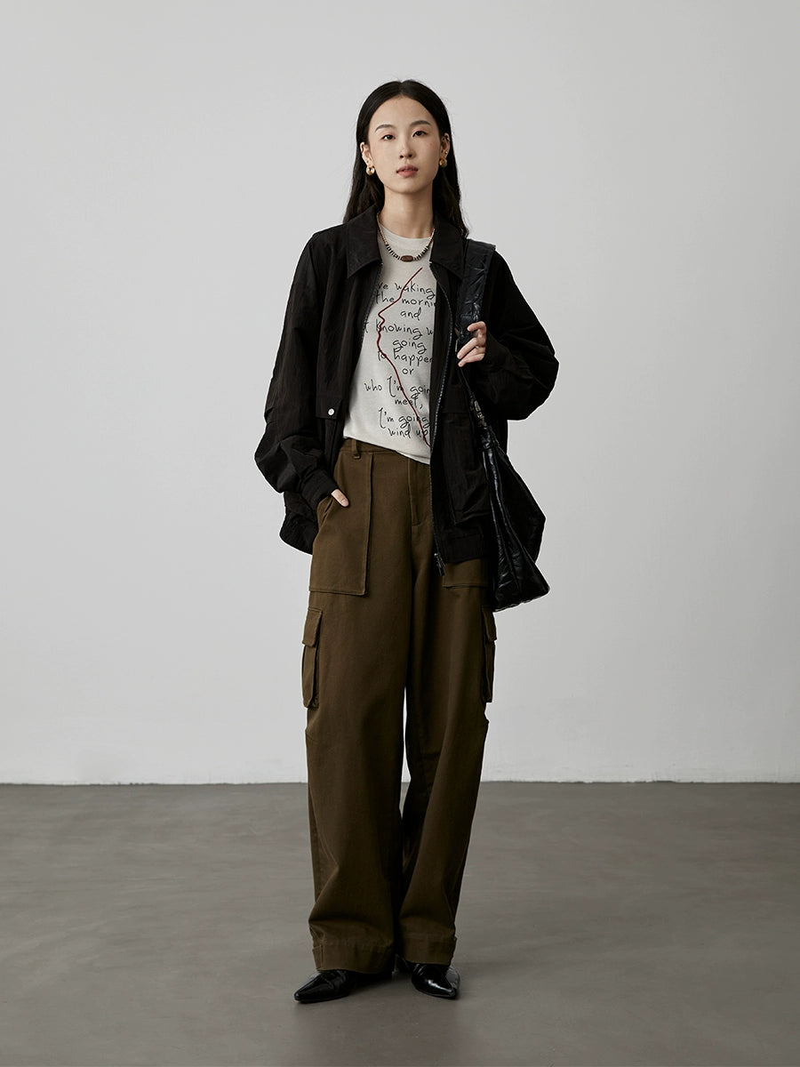 [Thinking T] CAREMIND Black Tencel Letter Printed Front Shoulder Long Sleeve T-Shirt Three-dimensional Art Sketch Top