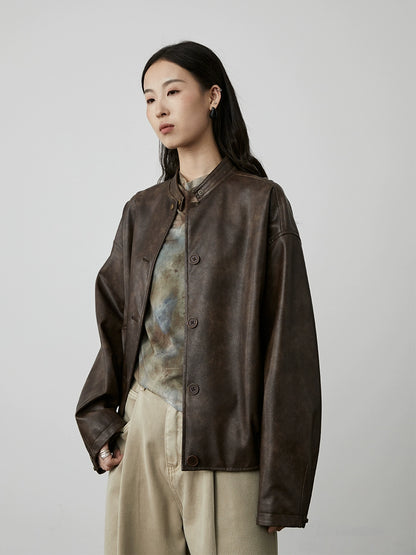 CAREMIND Chaqueta de cuero negra de temperamento retro estilo Hong Kong 2024 nueva chaqueta de cuero con silueta de agua de lavado superior simple 