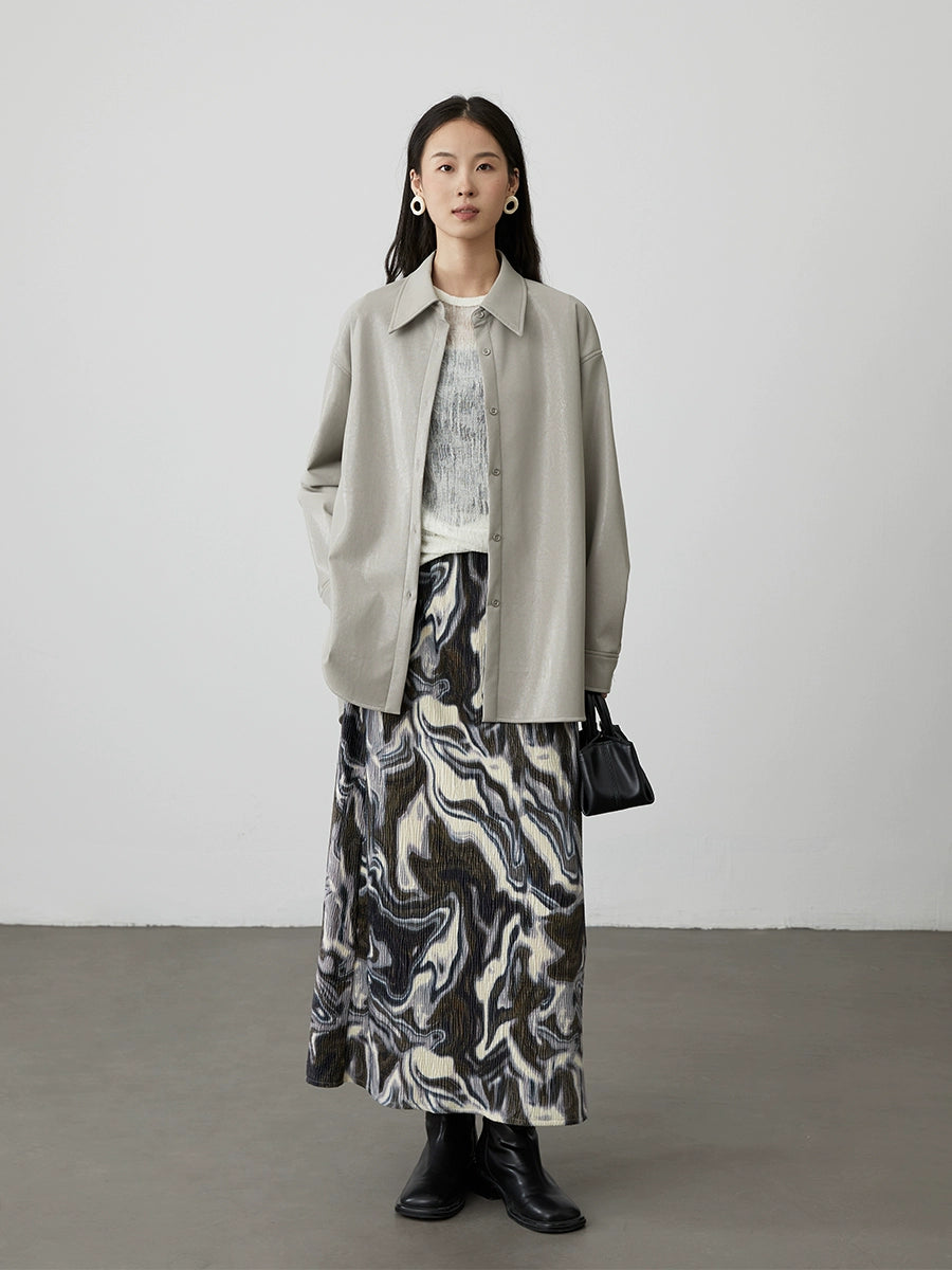 [Shanhaiji] CAREMIND brown and white smudged irregular texture skirt high waist and thin a-word long skirt