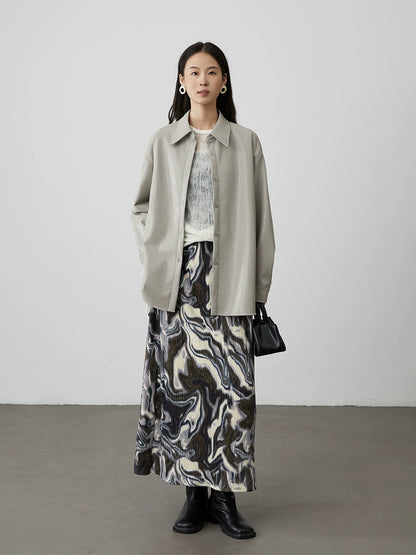 [Shanhaiji] CAREMIND brown and white smudged irregular texture skirt high waist and thin a-word long skirt