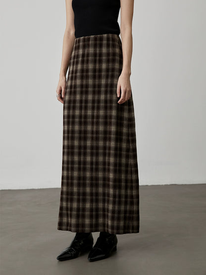 [Latte caliente] Falda ajustada a cuadros color café con temperamento retro de CAREMIND, falda dividida en forma de A con cintura elástica 