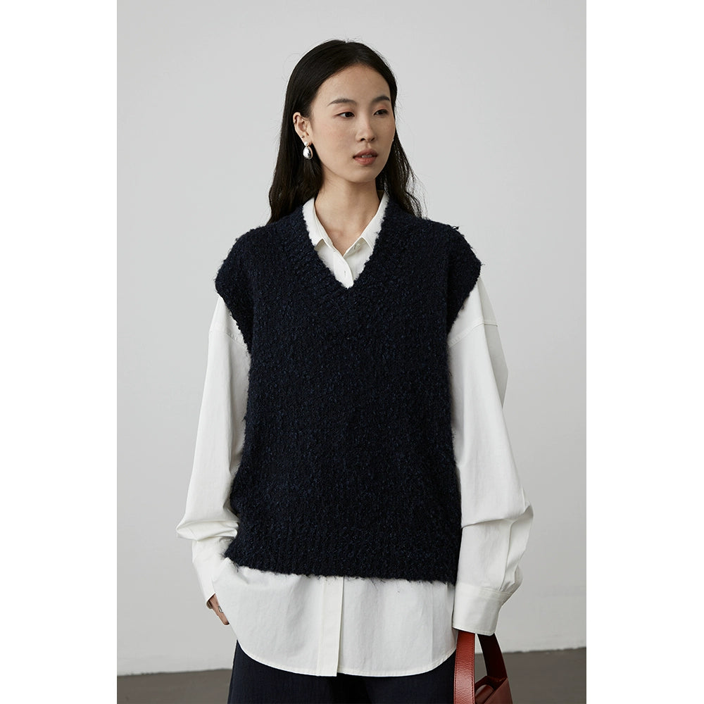 [Chaleco de lluvia de otoño] Chaleco de punto azul zafiro oscuro con cuello en V sin mangas de CAREMIND, chaleco holgado apilado, top 