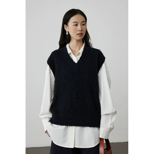 [Chaleco de lluvia de otoño] Chaleco de punto azul zafiro oscuro con cuello en V sin mangas de CAREMIND, chaleco holgado apilado, top 