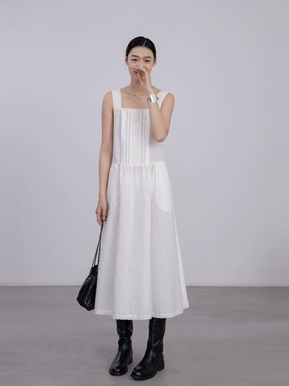 [Oferta por tiempo limitado] Vestido de encaje literario romántico blanco Nuevo vestido de jacquard con escote cuadrado Vestido mediano y largo 