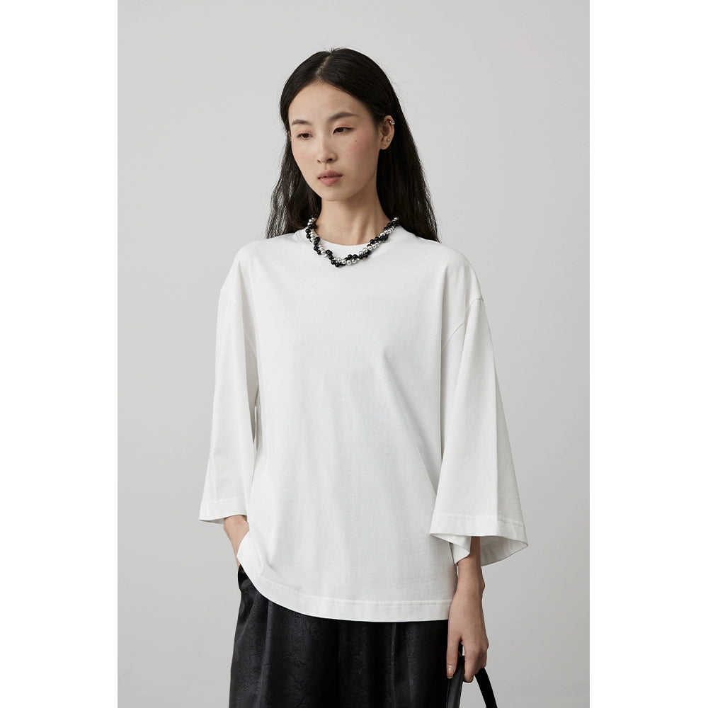 CAREMIND Camiseta de manga corta versátil, informal, de cuello redondo y cuatro colores, de manga siete cuartos, cómoda y holgada, de algodón puro, para mujer 