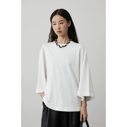 CAREMIND Camiseta de manga corta versátil, informal, de cuello redondo y cuatro colores, de manga siete cuartos, cómoda y holgada, de algodón puro, para mujer 