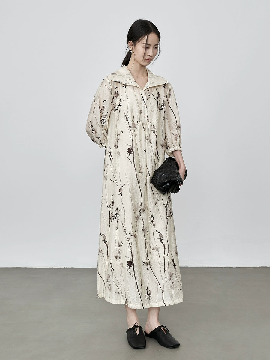 CAREMIND New Chinese ink print dress elegant temperament long dress children/with skirt lining