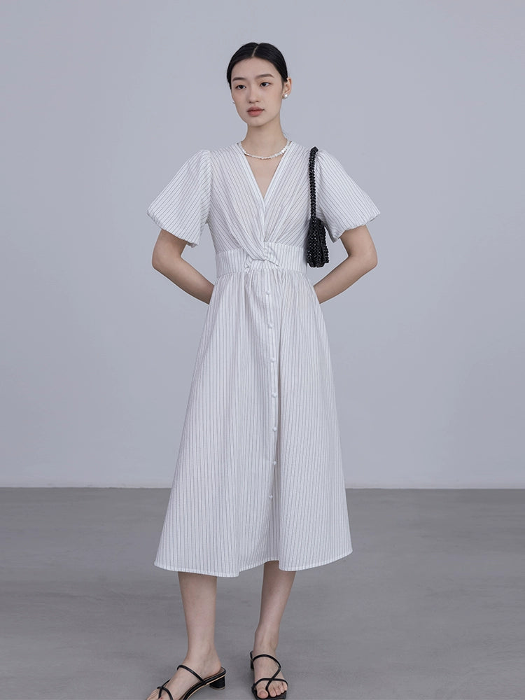 CAREMIND 23SS [Mia] Vestido camisero de mujer con escote en V y rayas, original 