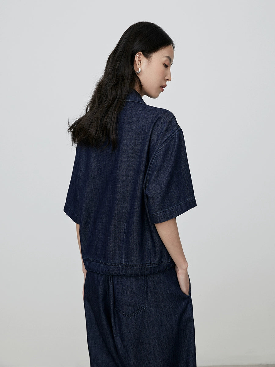 CAREMIND - Polo de mezclilla retro azul oscuro, camisa de manga corta, pantalones vaqueros de pierna ancha para mujer 