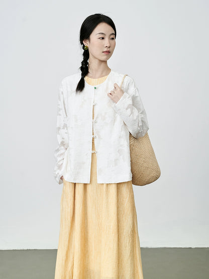 [Jacquard en relieve] Nueva camisa china de protección solar CAREMIND Chaqueta ligera de cuello redondo blanca Xiaoxiangfeng Top Otoño 