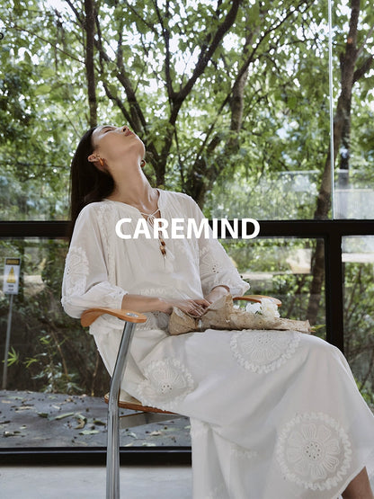 [Elegantes flores de verano] Vestido de ambiente romántico blanco CAREMIND, vestido largo bordado en jacquard con huecos para niños 