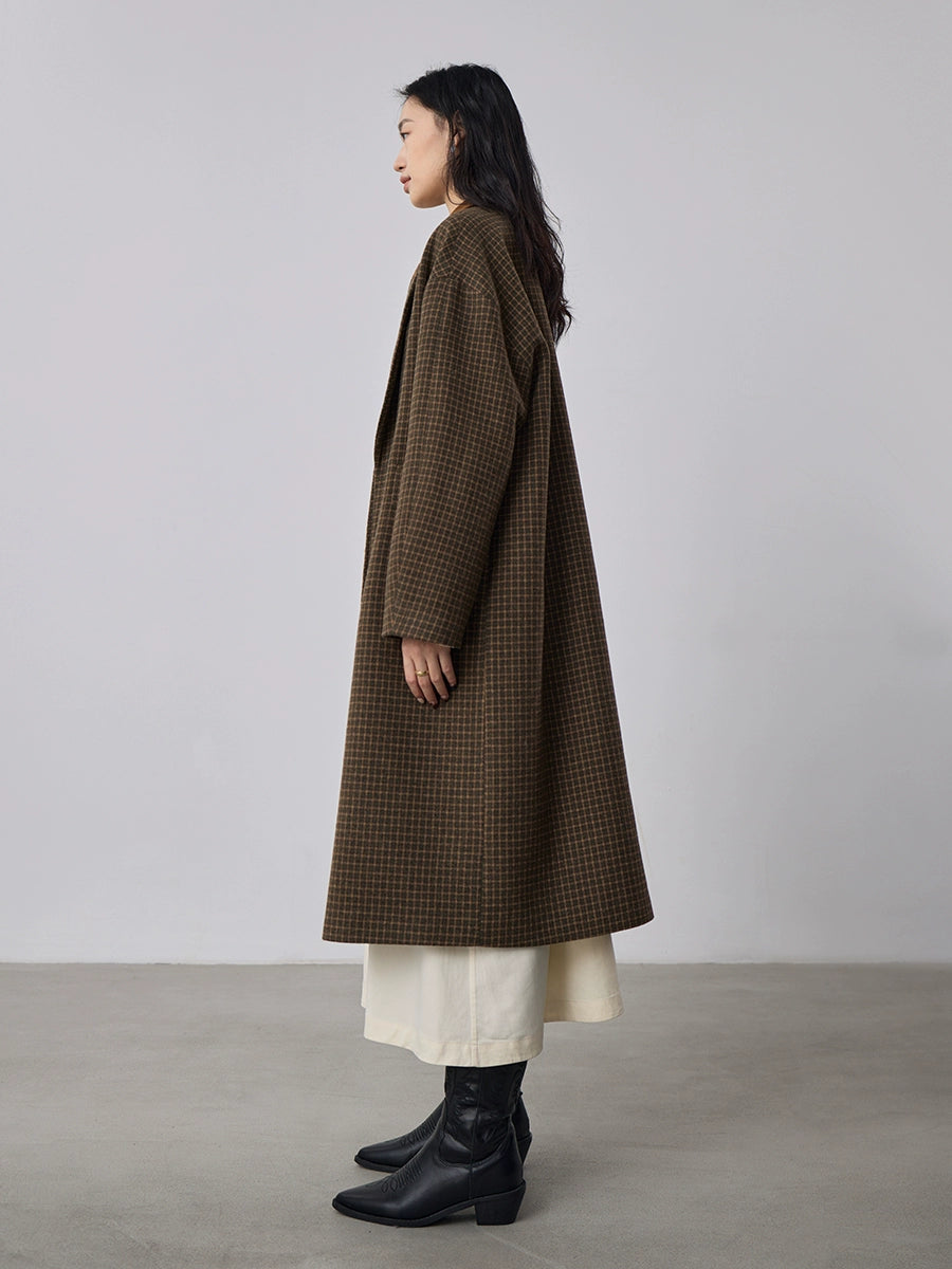 [Offre spéciale à durée limitée] Manteau long en laine à double boutonnage rétro, manteau en laine à motif de grille d'oiseau d'hiver swing
