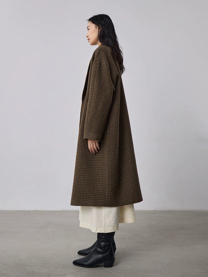 [Offre spéciale à durée limitée] Manteau long en laine à double boutonnage rétro, manteau en laine à motif de grille d'oiseau d'hiver swing
