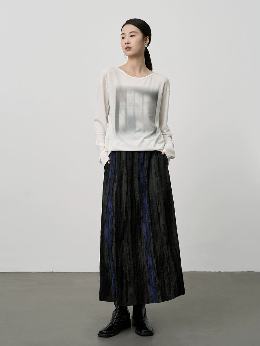 [Esmalte azul] Falda de contraste a rayas con temperamento artístico de CAREMIND, falda larga con pliegues y cintura alta de otoño 