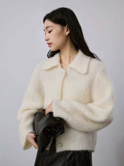 [Spécial à durée limitée] Veste pull en mohair doux et ciré, revers chaud, simple boutonnage, haut cardigan court couleur abricot riz