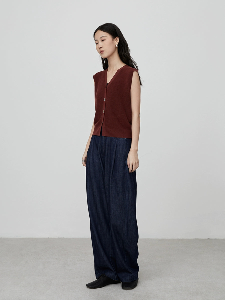 CAREMIND - Polo de mezclilla retro azul oscuro, camisa de manga corta, pantalones vaqueros de pierna ancha para mujer 