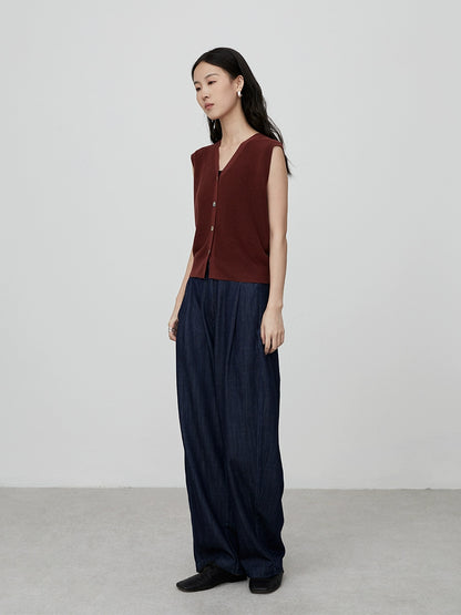 CAREMIND - Polo de mezclilla retro azul oscuro, camisa de manga corta, pantalones vaqueros de pierna ancha para mujer 