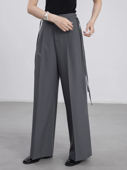 [Oferta por tiempo limitado] Pantalones de traje gris CAREMIND, diseño de mujer, cintura con tiras, pantalones de pierna ancha 