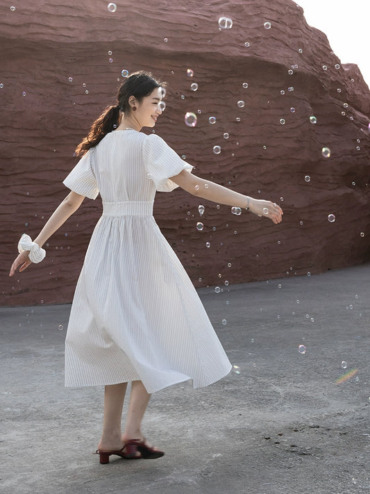 CAREMIND 23SS [Mia] Vestido camisero de mujer con escote en V y rayas, original 