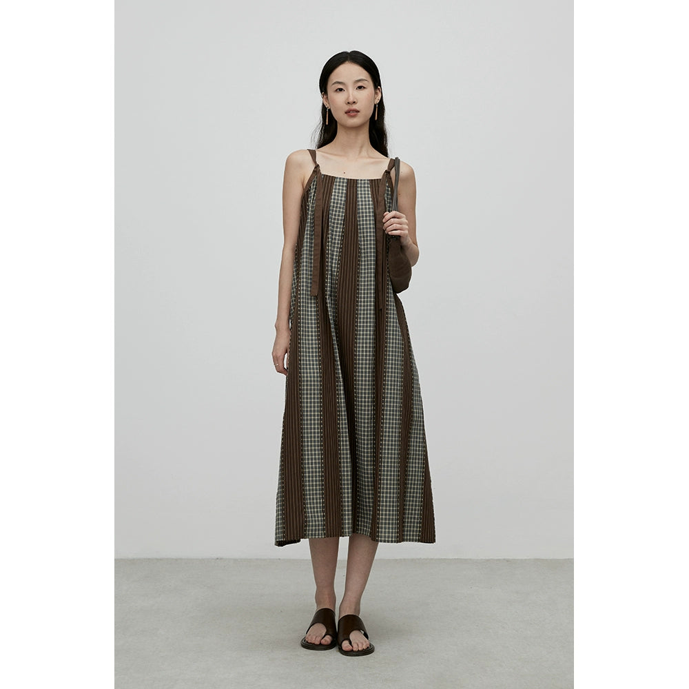 [Sunset Forest] CAREMIND personalized splicing plaid suspender dress Hong Kong style chic medium and long dress children