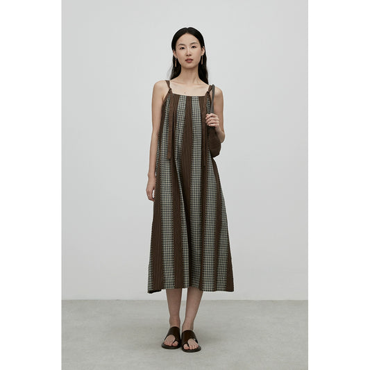 [Sunset Forest] CAREMIND personalized splicing plaid suspender dress Hong Kong style chic medium and long dress children