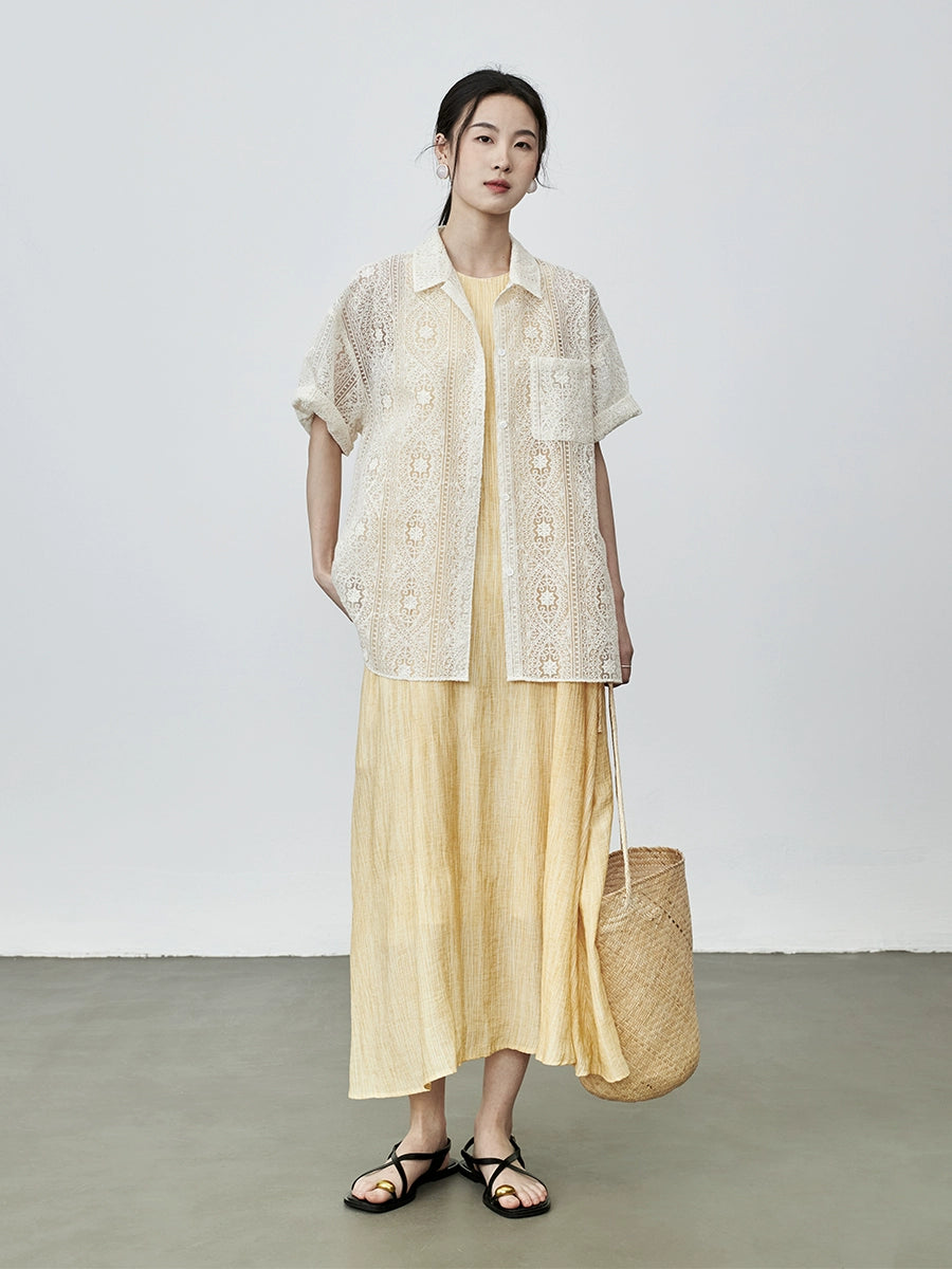 Camisa versátil apilada con encaje japonés vintage de CAREMIND, manga corta, hueca, color albaricoque y bordado 