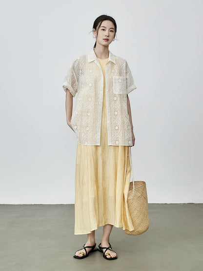 Camisa versátil apilada con encaje japonés vintage de CAREMIND, manga corta, hueca, color albaricoque y bordado 