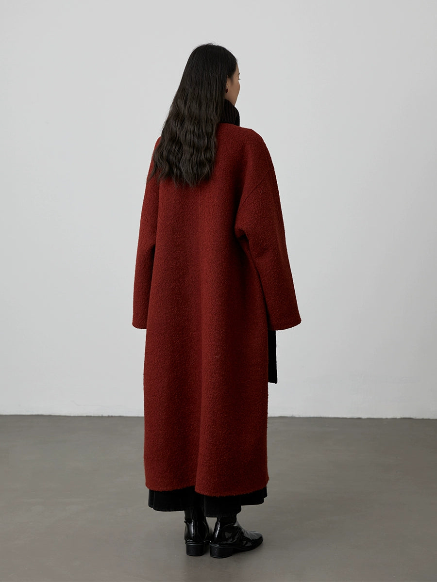 [Abrigo rojo] CAREMIND ligero de lujo rojo cinabrio sin cuello de doble cara abrigo de lana perezoso de alta gama otoño e invierno 