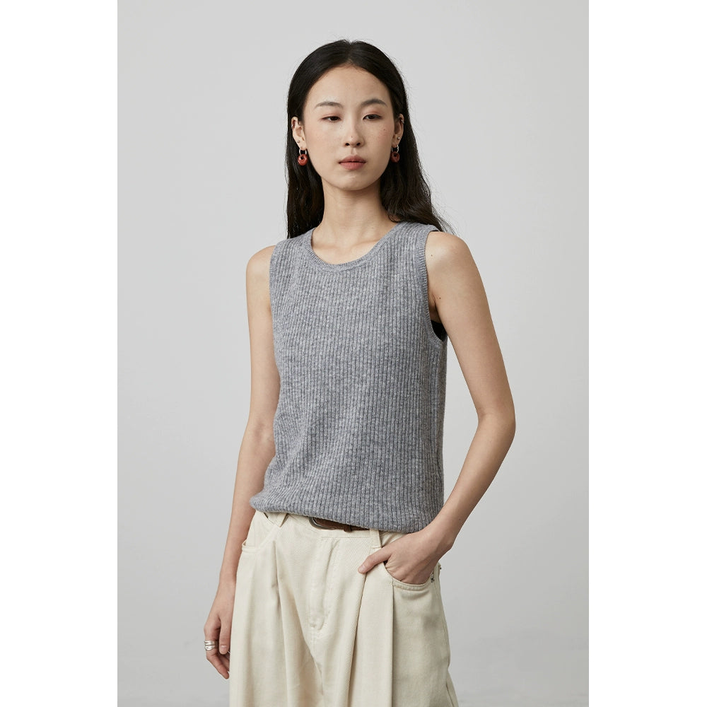[Chaleco totalmente de lana] Chaleco sin mangas de lana CAREMIND, camiseta de punto con cuello redondo y tiras simples en las sienes 