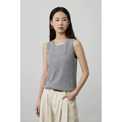 [Chaleco totalmente de lana] Chaleco sin mangas de lana CAREMIND, camiseta de punto con cuello redondo y tiras simples en las sienes 