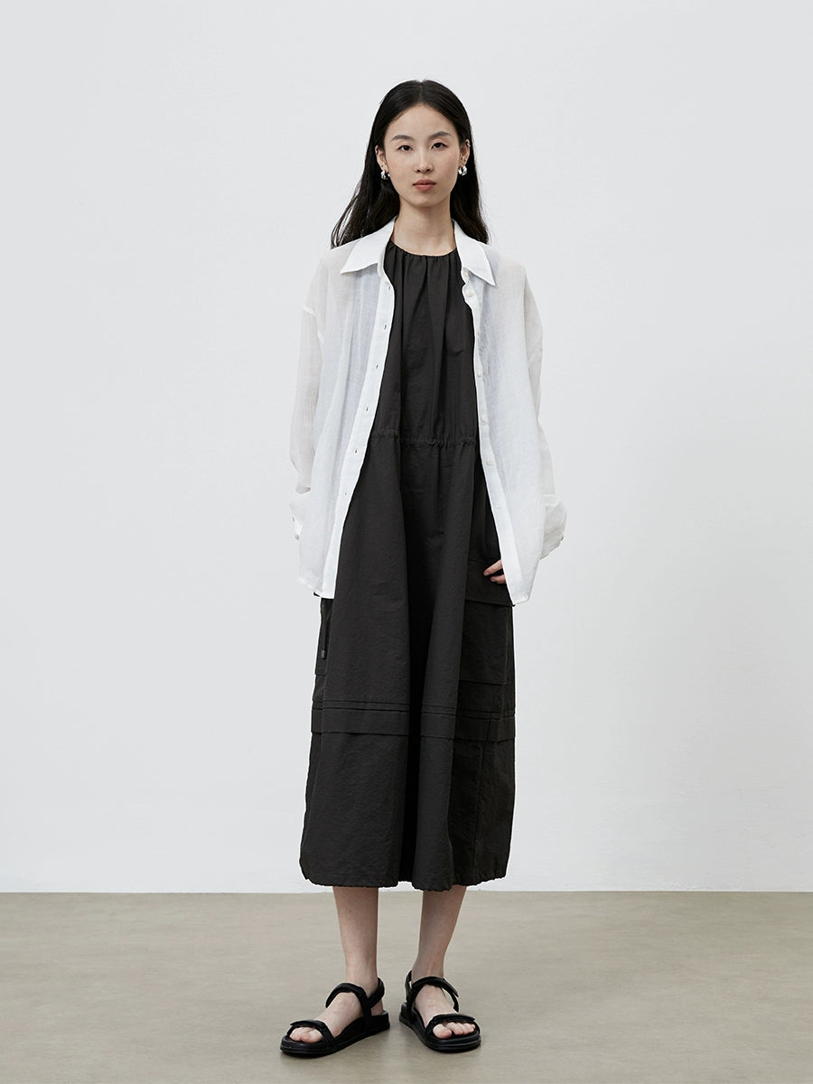 [Traveler] CAREMIND Simple dark gray green sleeveless dress tooling drawstring loose vest skirt